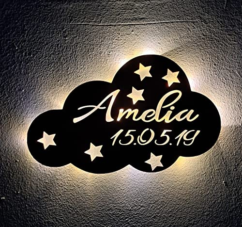 Designbysh Personalisiertes Baby-Geschenk Taufgeschenke Geschenke zur Geburt Taufe mit Namen Junge Mädchen Jungs Nachtlicht Schlummerlicht Wolke mit Namen und Datum