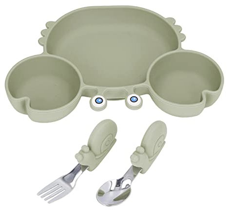 Juego de platos divididos para ni?os peque?os, juego de platos de cuchara y tenedor, plato de succi¨®n para beb¨¦s para ni?os peque?os verde