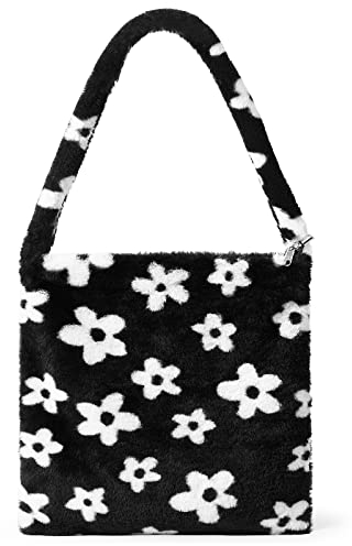 KALIDI Plüsch Handtasche mit Reißverschluss Niedlich Flauschige Crossbody Bag Damen Schultertasche für Uni Mädchen, Weiße Blumen