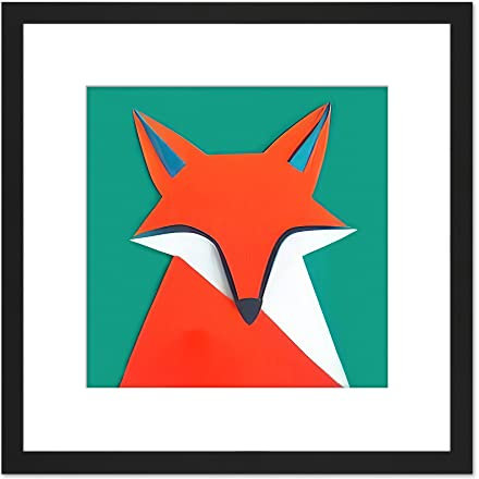Wee Blue Coo Abstract Portrait Fox Orange On Green Geometric Illustration Square Wooden Framed Wall Art Print Picture 8X8 Inch