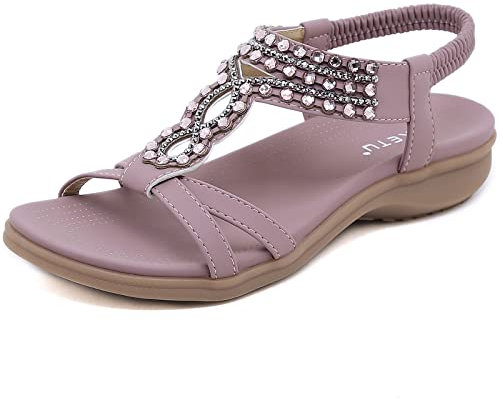 Acfoda Sandales Femme Été Confortable Mode Plates Bohême Tongs avec Strass Léger Chaussures Orthopédique Sandals Confort Sandalette et Mules Violet 42