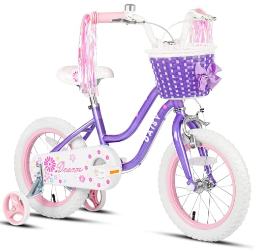 Glerc Daisy 14 Zoll Kinderfahrrad Alter 2 3 4 5 6 Jahre alte Mädchen Fahrrad mit Stützrädern & Korb & Luftschlangen，Lila