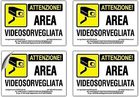 EVM 4 Cartelli Videosorveglianza Adesivi Area Videosorvegliata in PVC Morbido impermeabile (4-105x73)