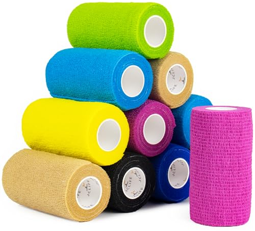 JCLIFE Bande Cohésive, 12 Rouleaux Bande Adhésive Elastique de 10 cm x 4.5 m - Bandage Cohesif pour Poignet Cheville et Gonflement (Multicolore)