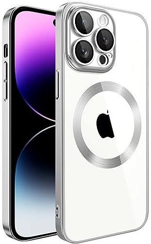 S. Dawezo Klare Magnetische Hülle für iPhone 14 Pro, kompatibel mit MagSafe, Militärnorm Schutz, Kratzfest, Stoßfest, Schlanke Transparente Silikonhülle für iPhone 14 Pro Hülle, Silber