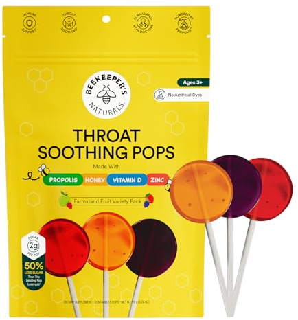 Kids Throat Soothing Lollipops by Beekeeper's Naturals - Doctor Formulated Immune Support, Vitamin D & Honey, Under 2g Sugar, Clean Ingredients,15 ct