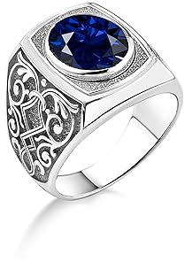 BySilverStone Jewelry Großer Siegelring Aus Saphirstein Für Männer In Silber, Viktorianischer Blauer Saphir-Herrenring Mit Symbol, Antiker Blauer Stein-Herrenring, Edelstein-Männergeschenke