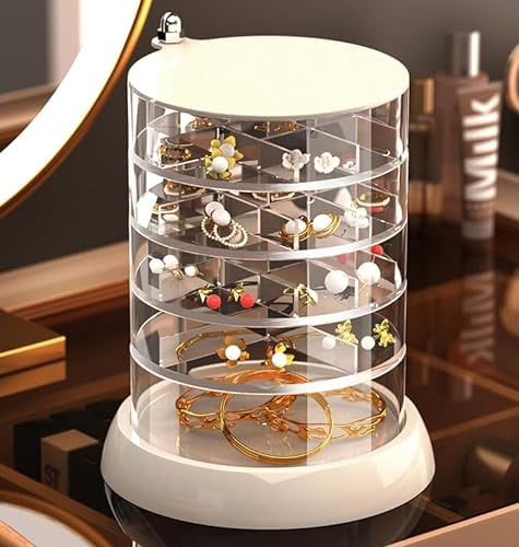 YIEZI 5-Layers Jewelry Box Organiser, 360 Degree Rotating Jewelry Storage, Clear Acrylic Earring Organizer, Various Compartments for Rings, Earrings, Necklace, Bracelets