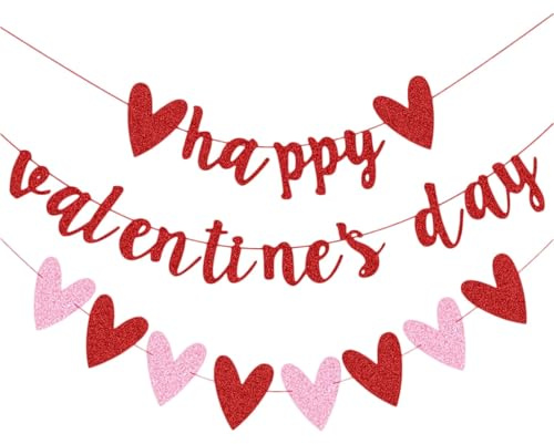 Valentinstagsdekoration, hängende Girlanden, Banner, 1 x Happy Valentines Day Banner & 1 x glitzerndes rot-rosa Herz-Banner, Valentinstag-Party-Dekoration, Foto-Requisiten