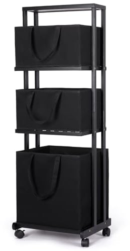 Yorbay Wäschekorb aus Bambus mit Rollen,Wäschesortierer mit 4 Stockwerke,Badregal mit 3 Aufbewahrungskörbe,Wäschesammler, Wäschewagen,Wäschebehälter für Badezimmer,121x34x42cm (Schwarz)