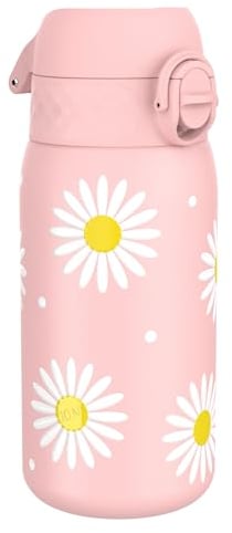 Ion8 Gourde Enfant, Inox Léger, 400ml, Non Isolé, Anti-Fuite, Facile à Ouvrir, Verrouillage Sécurisé, Lavable au Lave-Vaisselle, Poignée de Transport, Acier Inoxydable, Marguerites