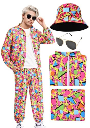 Raveparty 80er Jahre Outfit Herren Damen, 80er Trainingsanzug, Jogginganzug 80er Jahre, 80er Jahre Trainingsanzug Jacke Hose Anzug 80er Accessoire, Faschingskostüme, Karneval. (Style A, XL)