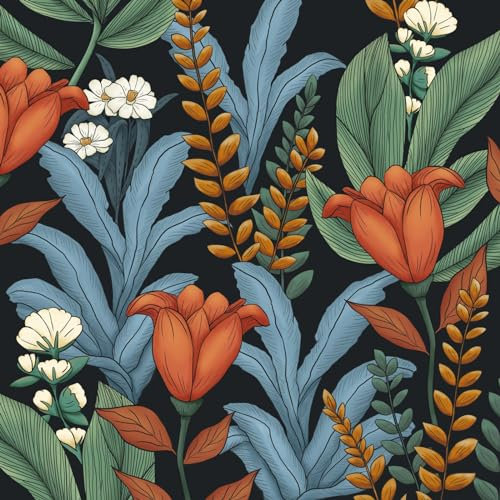 VOLEAAR 44.5CM x 1000CM Retro Wallpaper Peel and Stick Floral Contact Paper Boho Leaf Wall Paper for Bedroom Bathroom Wall Decor Cabinets Shelves Removable Vinyl Black