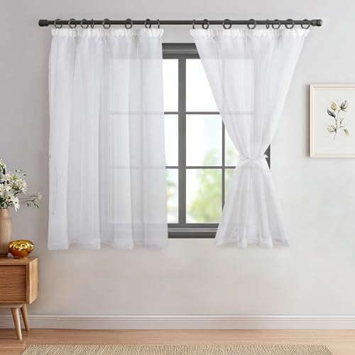 DWCN White Sheer Net Curtains for Windows 54 Drop with Tiebacks Transparent | Rod Pocket & Pencil Pleat Voile Curtains for Bedroom Living Room, W46 x L54 Inch,, 2 Panels
