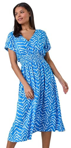 Roman Originals Shirred Waist Dress for Women UK Ladies Midi Maxi Summer Spring Tiered Frill Hem Empire Waist Short Sleeve V Neck Gathered Skirt Bohemian Holiday - Blue & White - Size 12