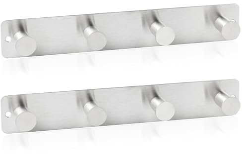 RICOO Edelstahl Garderobenhaken MH025S-4x2, Wandhaken Silber, Robuste Hakenleiste für Wandmontage, 2 Stück, Kleiderhaken Garderobe in Elegantem Design, Vielseitig Einsetzbar - Langlebig & Kratzfest