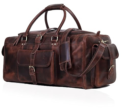 Reisetasche für Damen und Herren, Vintage-Büffelleder, Reisetasche, echtes Handgepäck, Wochenendtasche, Turnbeutel mit Schultergurt, Handgepäcktaschen, Dunkelbraun, 24 Inches, Premiun Duffel