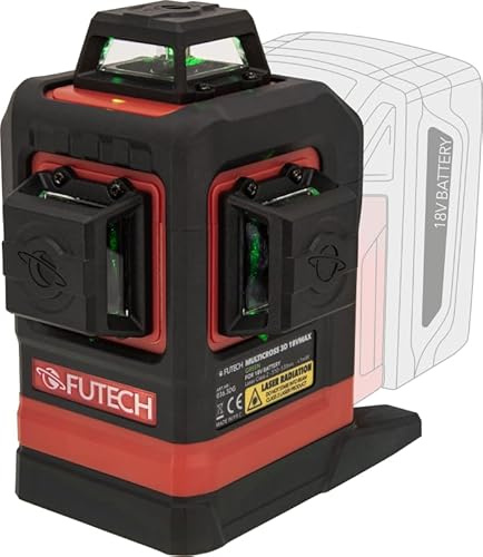 FUTECH Multicross 3D 18V MAX | 3x360° grüner Linienlaser | Selbstnivellierend | IP54 | USB-C | 2 mm Genauigkeit | Kompatibel mit 18V-Akkus von 7 Herstellern