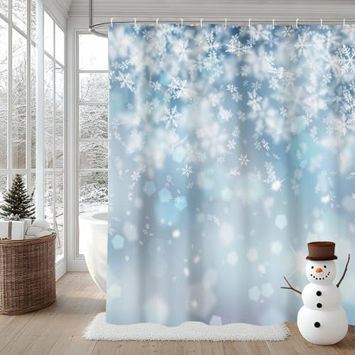 AIBIIN Rideau de douche d'hiver avec paillettes et flocons de neige - Bleu et blanc - Décoration d'intérieur - Matériau polyester durable avec 12 crochets - 180 x 180 cm