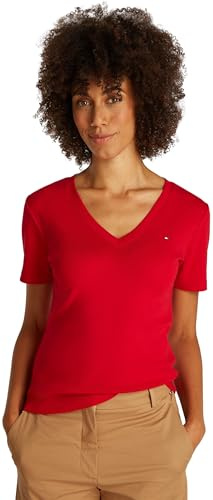 Tommy Hilfiger Camiseta de Manga Corta Mujer New Slim Cody con Cuello de Pico, Rojo (Primary Red), XXS