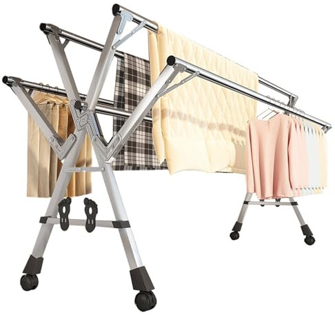 HUJZJY Etendoir Linge Intérieur Extérieur Pliable INOX, 200cm, 5 Barres, Roulettes, Réglable en Hauteur, Sèche-Linge Économique