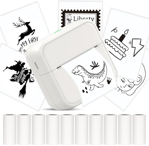 HUIJUTCHEN Mini Imprimante, Imprimante Photo Portable Imprimante Thermique Bluetooth Autocollantspour iOS et Android avec 10 Rouleaux de Papier Thermique pour Photos, Notes, Mémos, DIY (Blanc)