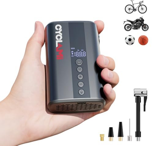 CYCLAMI Mini pompa per Bicicletta, Pompa Elettrica per Bicicletta Portatile 130PSI con Manometro Digitale per Bici da Corsa Portatile, con Valvole Presta e Schrader