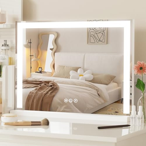 JXMILO Hollywood Schminkspiegel mit Beleuchtung, Hollywood Spiegel mit 3 Farbtemperaturen Dimmbar, Groß Kosmetikspiegel Vanity Spiegel Tischspiegel mit 10X Vergrößerung, Touch-Schalter, 58X43cm