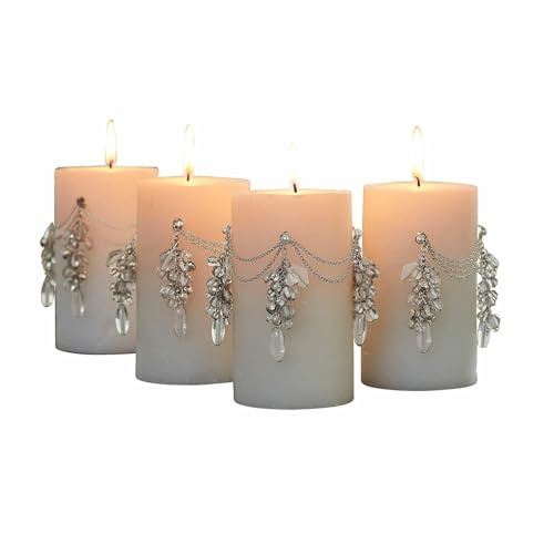 Loberon Deko-Pin 4er Set Gisolée, Schmückende Kerzenumrandung, mit Funkelnden Glasperlen Verziert, Kerzenschmuck, Kerzen-Dekoration, Eisen, Glas, Silber