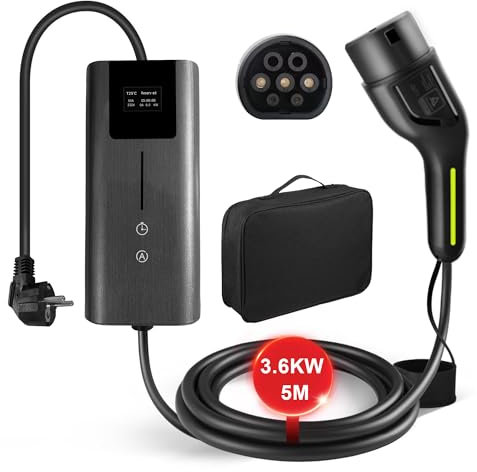 Hexinex Cavo ricarica auto elettrica tipo 2 con Spina Schuko, EV Charger Caricatore Tipo 2 3.6 KW, 6/8/10/13/16A Corrente Regolabile (IEC 62196-2 | 5M, 3,6KW | 16A)