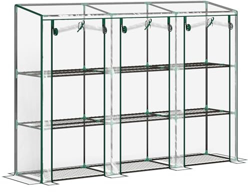 Outsunny Invernadero Pequeño Invernadero de Exterior con Estantes de 3 Niveles Puertas con Cremallera y Marco de Acero Invernadero para Cultivar Plantas Flores 215x46x151 cm Transparente