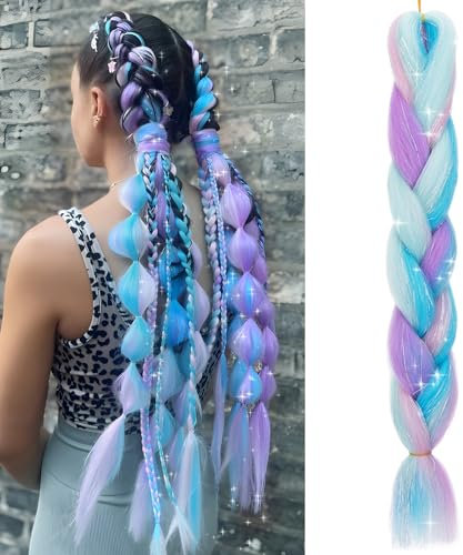 Benehair Pelo para Trenzas Africanas 60cm Jumbo Extensiones Pelo para Trenzas Africanas Sintético Braiding Extensiones Para Ganchillo Trenzado de Extensiones Lila mezclado con Azul cielo