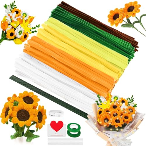 TaimeiMao 201 Stück Sonnenblumen Pfeifenreiniger Blumen Zum Basteln Set Pfeifenputzer Blumenstrauß Pipe Cleaner Blumen Bastelset mit Blumenpapier Klebeband Geschenkband Lichterkette Klebestifte Karte