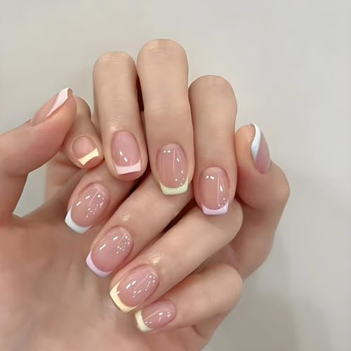 24 Pcs Rainbow Clean Jelly French-Tip Press-On Nails Kit – Short Square Full-Cover False Nails, 12 Sizes Custom Fit, Accessory Tools Included, Reusable Manicure Set