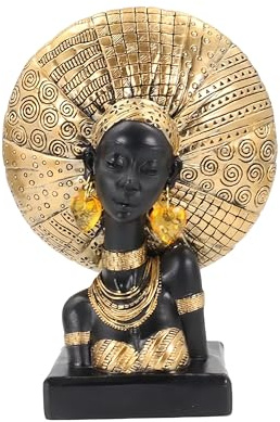 Dwelloria Afrikanische Dame Büste Statue mit Goldener Kopfbedeckung - Harz Stammesfrau Skulptur für Heimdekoration, Schwarz und Gold Figur für Regal, Tisch, Büro, Wohnzimmer, Geschenke für Frauen