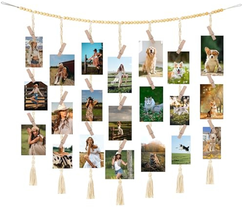 Pele Mele Photo Mural,Pele Mêle Photos avec Porte Photos Pinces,Cadre Photo Mural Pêle Mêle,Diy Bohème Porte Photos Pinces,Tableau d'affichage Photo à Suspendre Avec 45 Clips en Bois pour Déco Maison