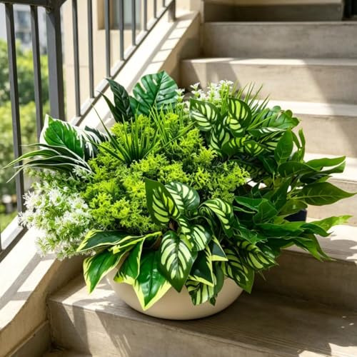 Vndnsy 18 plantas artificiales para exteriores, hojas de plástico artificiales con tallos, grandes paquetes de plantas artificiales, arbustos resistentes a los rayos UV para puertas y exteriores
