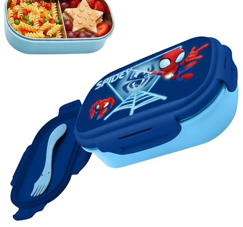 SRV Hub Spidey Lunch Box with Spork – 2 Compartment BPA-Free Snack Box, Leakproof Food Container for Work, School & Travel Meal Prep – 22cm Lunchbox for Kids & Adults Xmas Gift