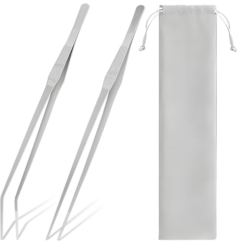 ZHUROUPU 2 pinzette extra lunghe in acciaio inox per acquario da 38 cm / 15 pollici pinze per nutrire i rettili pinzette dritte/curve antiscivolo con borsa portaoggetti