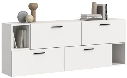 xonox.home – Wohnkombination The One 176x97x34 cm in Weiß Nachbildung – Funktionale Wandkombination mit 4 Klappen – 10 Fächer inklusive 2 offener Bereiche schaffen viel Platz für Medien & Zubehör
