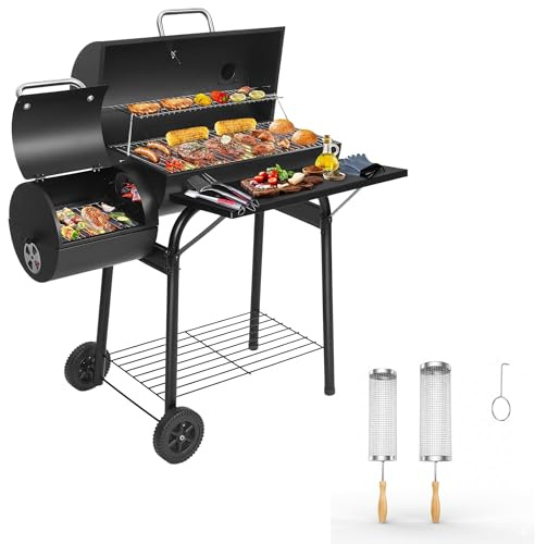 Charcoal BBQ Offset Smoker Grill with BBQ Basket, Large Capacity Barrel BBQ for Garden Patio, Birthday Gifts for Men Dad Husband