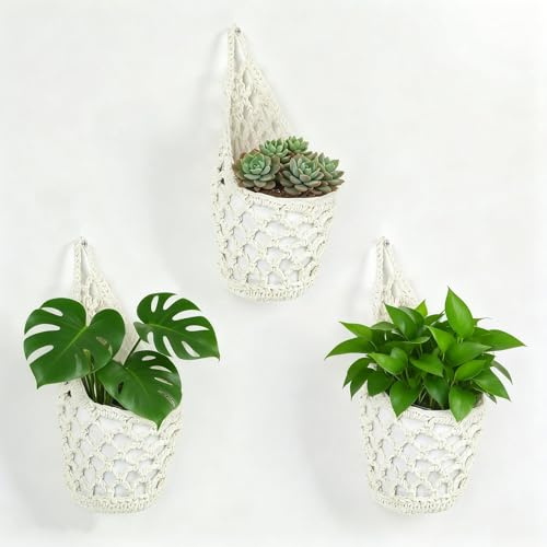 FARYODI Lot de 3 paniers suspendus en macramé - Style bohème - En corde de coton - Blanc