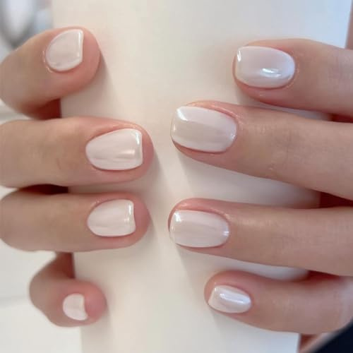 Solid Color White Electroplated Press on Nails Short Square Fake Nails Metallic False Nail Design Full Cover Pearl White Chrome Glossy Acrylic Nails for Women and Girls DIY Manicure Decoration 24Pcs