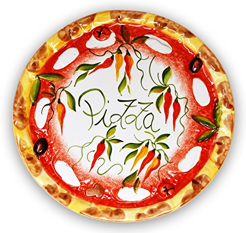 Lashuma Handgemachter Pizzateller Paprika aus Italienischer Keramik, Großer Teller Rund 33 cm