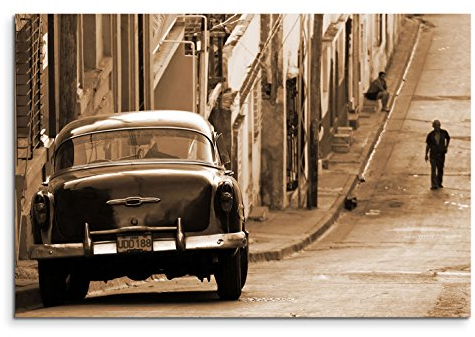 120x80cm Leinwandbild auf Keilrahmen Kuba Chevrolet Auto Häuser Straße Wandbild auf Leinwand als Panorama
