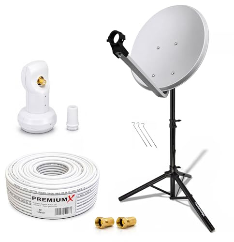 Premium X Camping Satelliten-Komplettanlage 45cm Satelliten-Schüssel SAT | Single LNB Ständer Dreibein-Stativ 10m Kabel 2x F-Stecker | Empfang auch bei schlechtem Wetter | Digitaler Satellitenempfang