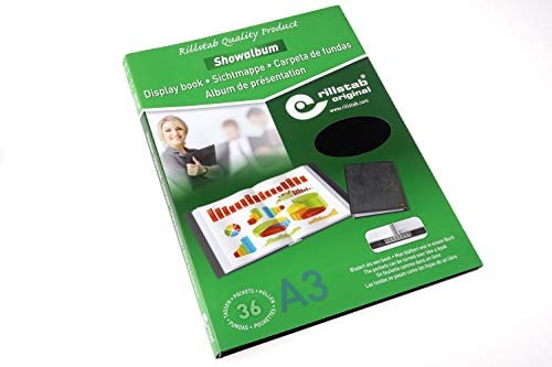 Rillstab A3 Präsentationsmappe für Schule & Projekt - Sichtbuch & Präsentationsbuch - 36 Transparente Hüllen - Dokumente Organisieren ohne Lochen- Schwarz, RI99354