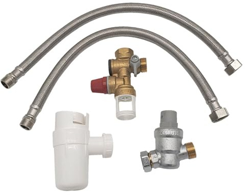 DIPRA - Ensemble de Raccordement pour Chauffe-Eau Électrique 50 à 300 L - Groupe de Sécurité EN 1487 avec Réducteur de Pression - Flexibles Inox et Entonnoir Siphon