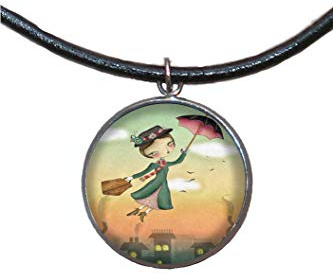 Edelstahl Anhänger, 30mm, Lederband, handgefertigt, Illustration Mary Poppins