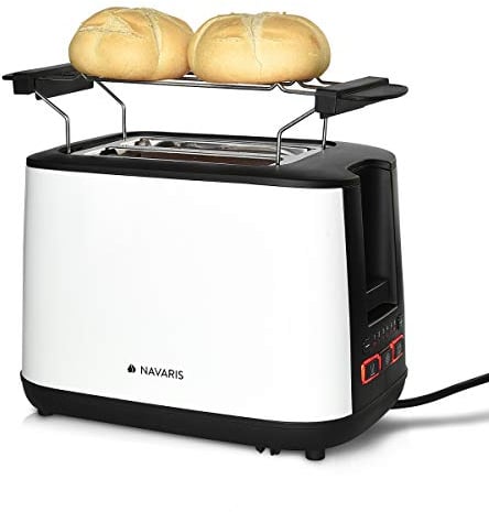 Navaris Doppelschlitz Toaster mit Brötchenaufsatz - 2 extragroße Toast Schlitze - 6 Stufen - automatische Brotzentrierung - 1000W - Weiß